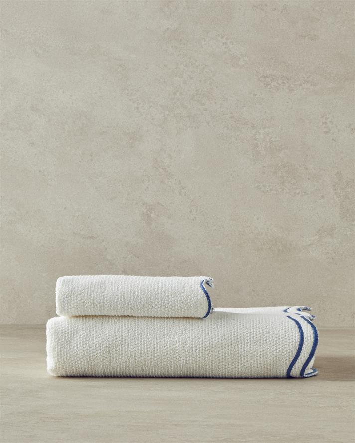 Retro Waves Pamuklu Nakışlı Yüz Havlusu 50x80 cm Ekru - Mavi