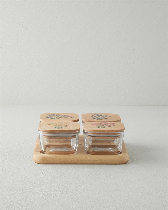 Ricco Cam Ahşap Kapaklı 4 Bölmeli Kahvaltılık 21x21 cm Renkli