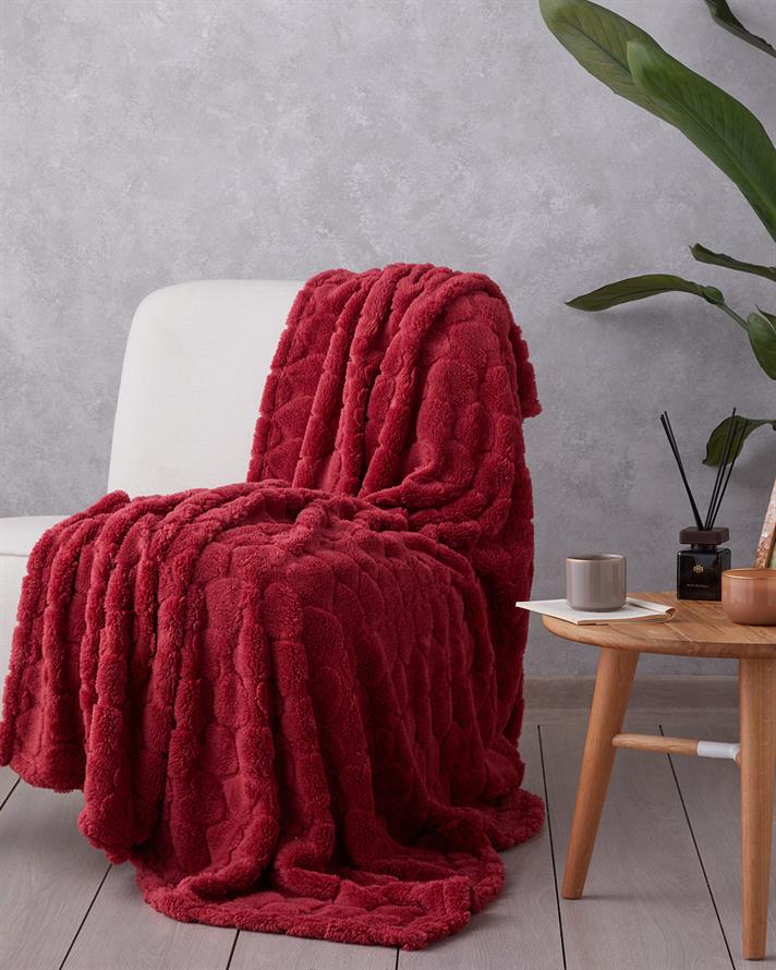 Romantic Hearts Jakarlı Wellsoft Tv Battaniye 120x160 cm Koyu Kırmızı