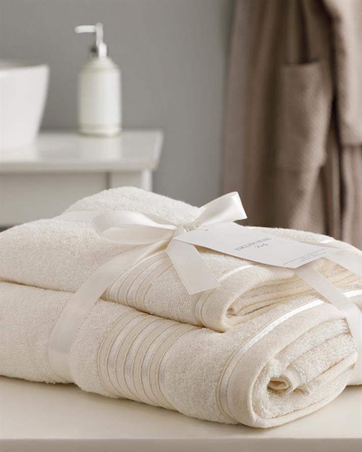 Romantic Stripe Floşlu Pamuklu Banyo Havlusu Takımı Ekru