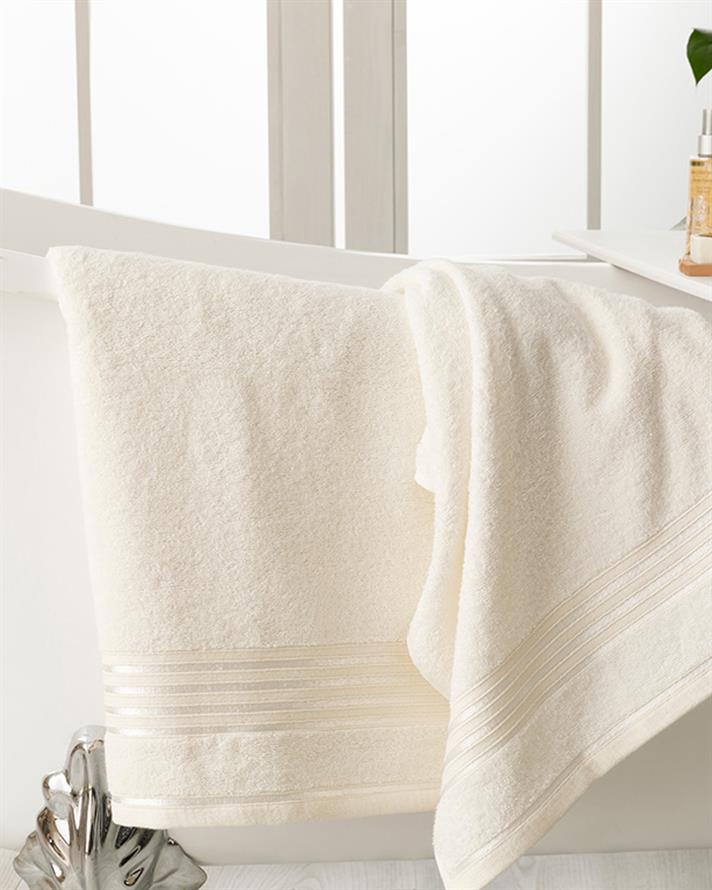 Romantic Stripe Floşlu Pamuklu Banyo Havlusu Takımı Ekru