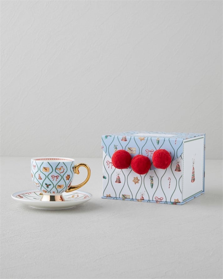 Ruby Winter New Bone China 4 Parça 2 Kişilik Kahve Fincan Takımı 100 ml Kırmızı - Mavi