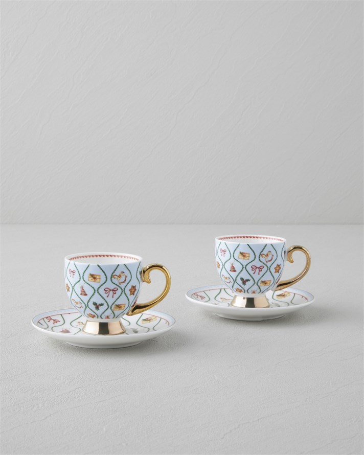 Ruby Winter New Bone China 4 Parça 2 Kişilik Kahve Fincan Takımı 100 ml Kırmızı - Mavi