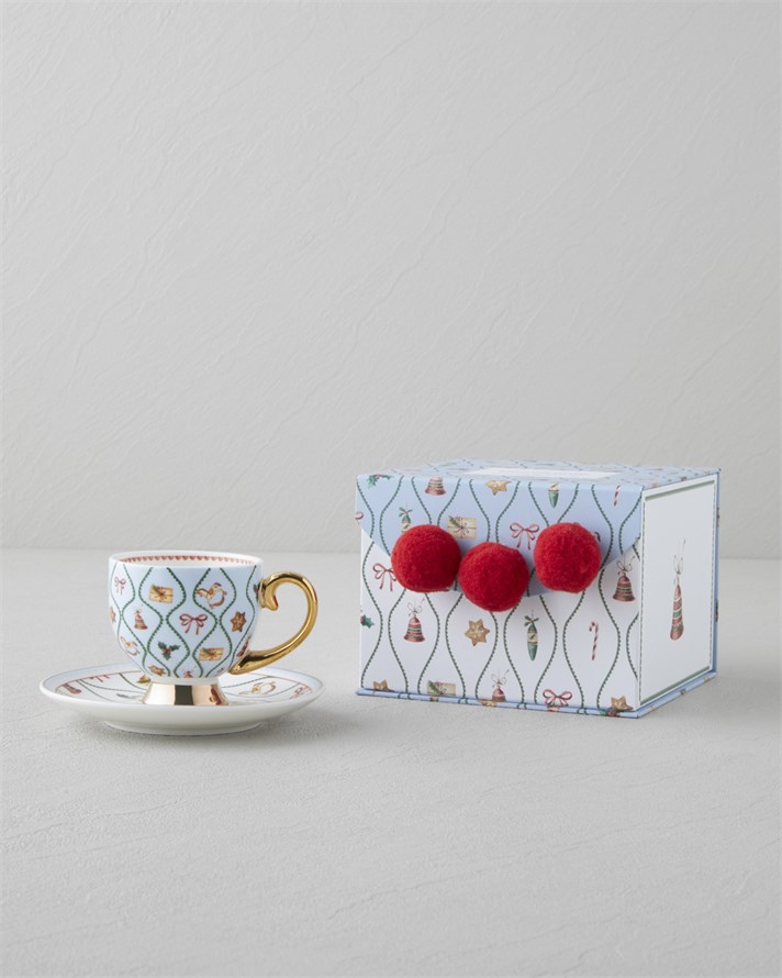 Ruby Winter New Bone China 4 Parça 2 Kişilik Kahve Fincan Takımı 100 ml Kırmızı - Mavi