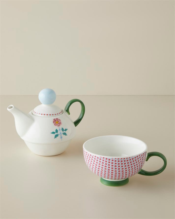 Rustic Florals New Bone China Demlik Seti 380 – 260 ml Mavi - Pembe