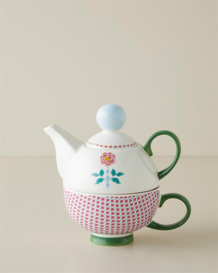 Rustic Florals New Bone China Demlik Seti 380 – 260 ml Mavi - Pembe