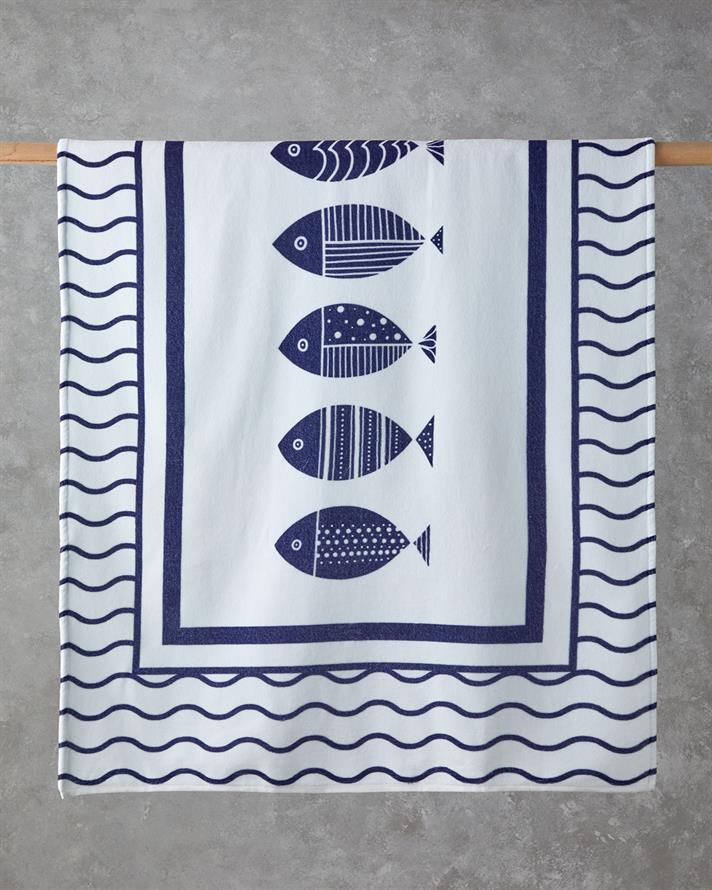 Seafish Pamuklu Plaj Havlusu 90x150 cm Ekru-Lacivert