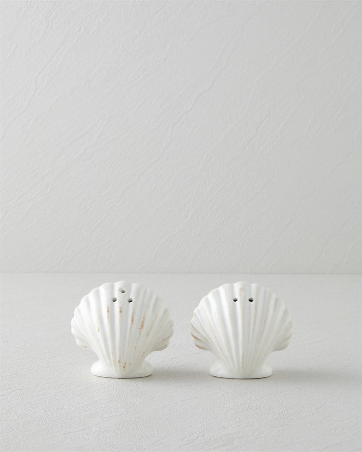 Seashell Stoneware 2li Tuzluk - Biberlik 8x5x7 cm Beyaz