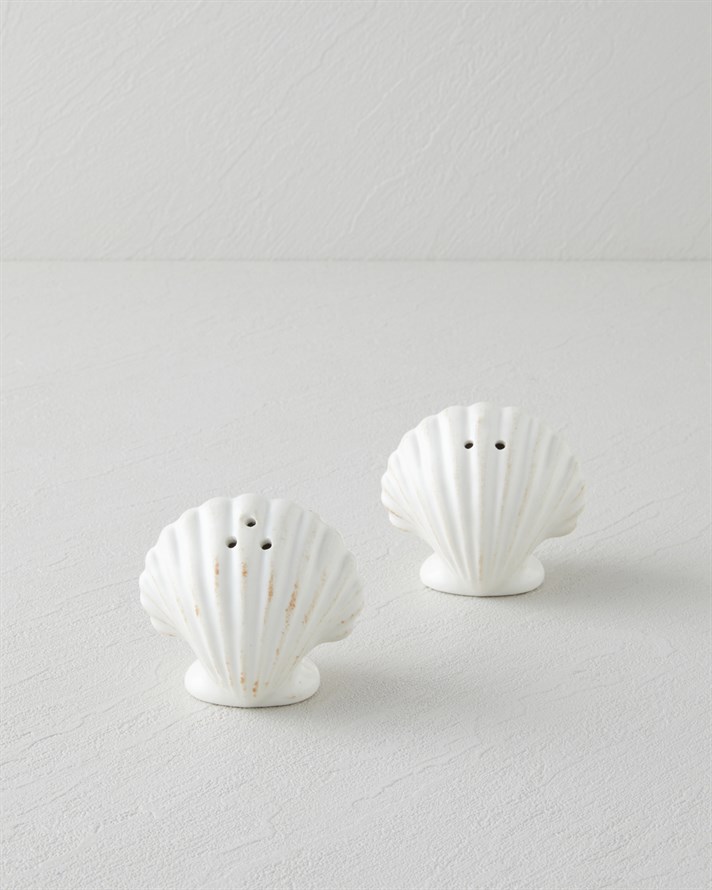 Seashell Stoneware 2li Tuzluk - Biberlik 8x5x7 cm Beyaz