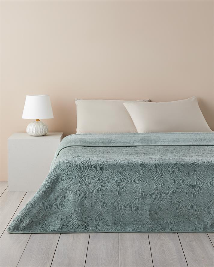 Shabby Rose Emboss Pelüş Çift Kişilik Battaniye 200x220 cm Seledon
