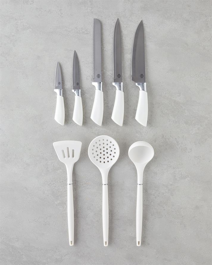 Sharp Cut Silikon, Paslanmaz Çelik 9 Parça Servis Gereci Bıçak Seti 19x11x22 cm Beyaz