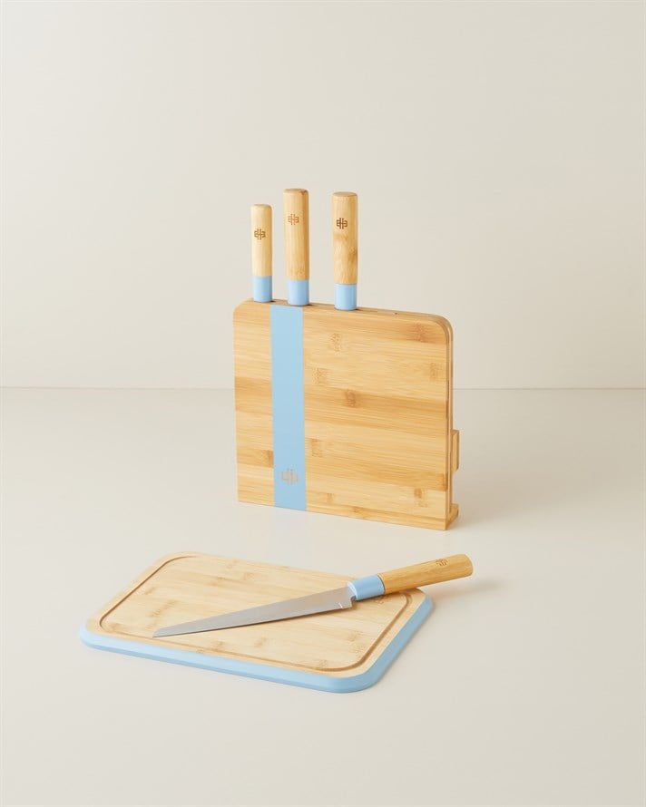 Shelby Bambu 6 Parça Kesme Tahtası Bıçak Seti 38x25 cm Mavi