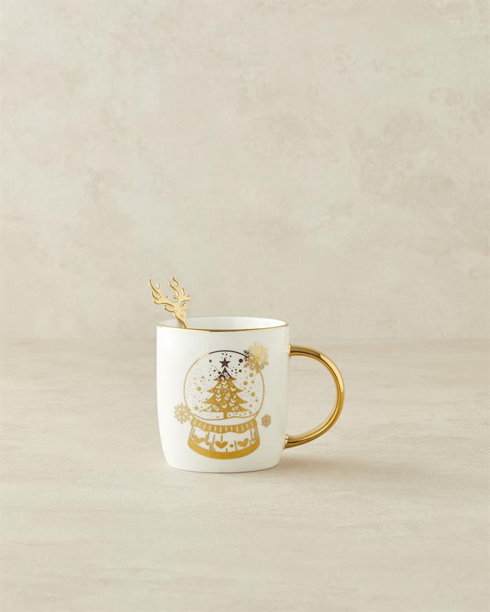 Snow Globe New Bone China Kaşıklı Yılbaşı Kupa 360 ml Gold
