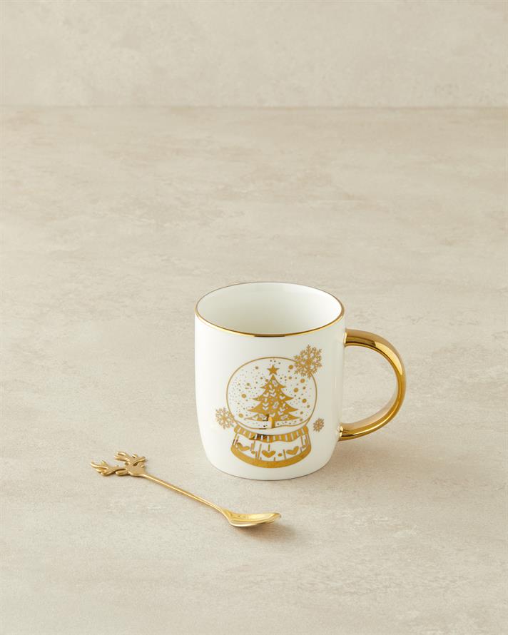 Snow Globe New Bone China Kaşıklı Yılbaşı Kupa 360 ml Gold