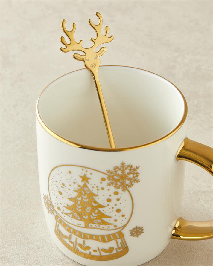 Snow Globe New Bone China Kaşıklı Yılbaşı Kupa 360 ml Gold
