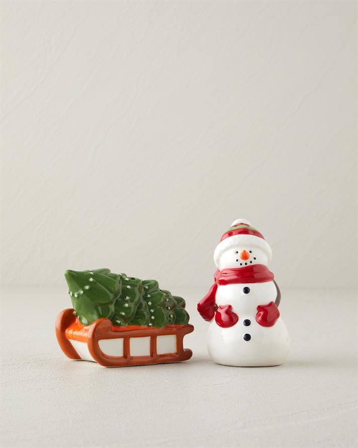 Snowman Seramik 2li Tuzluk - Biberlik 9x6 cm Beyaz - Yeşil