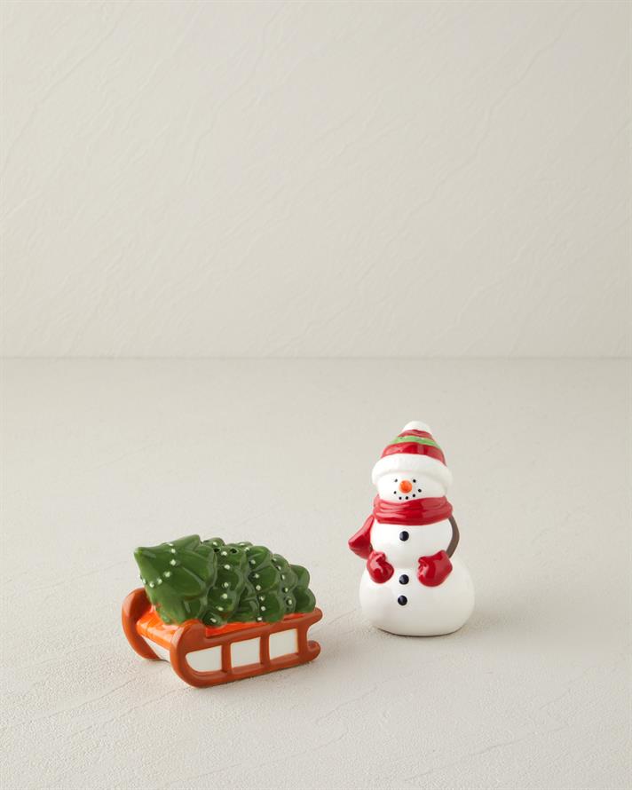 Snowman Seramik 2li Tuzluk - Biberlik 9x6 cm Beyaz - Yeşil