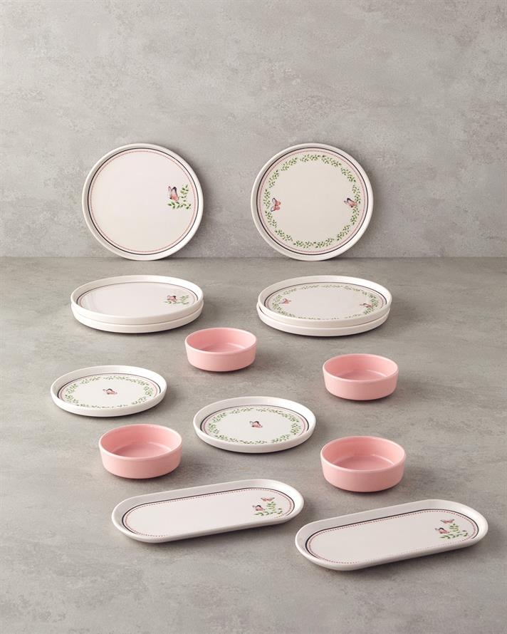 Somnia Seramik Kahvaltı Takımı 14 parça 6 kişilik Yeşil-Pembe