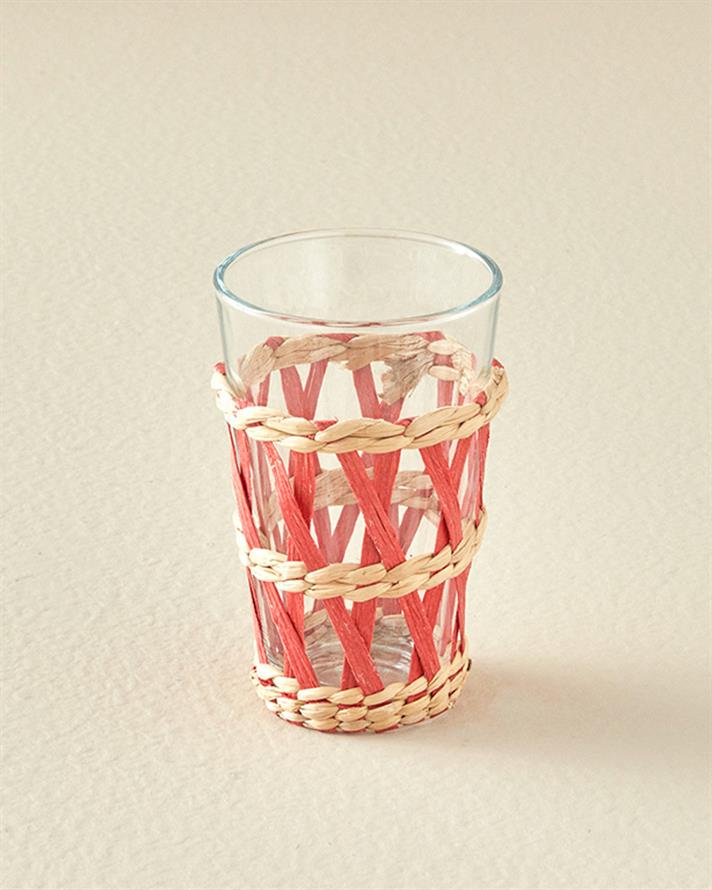 Stripe Wicker Cam Hasırlı Meşrubat 320 Ml Bardağı Turuncu