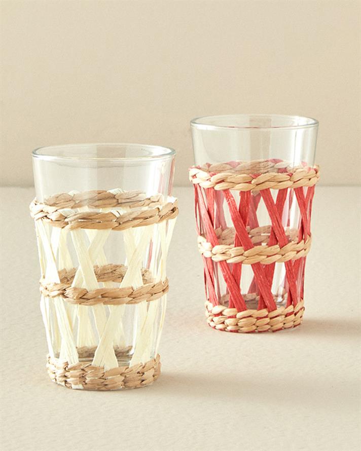 Stripe Wicker Cam Hasırlı Meşrubat 320 Ml Bardağı Turuncu