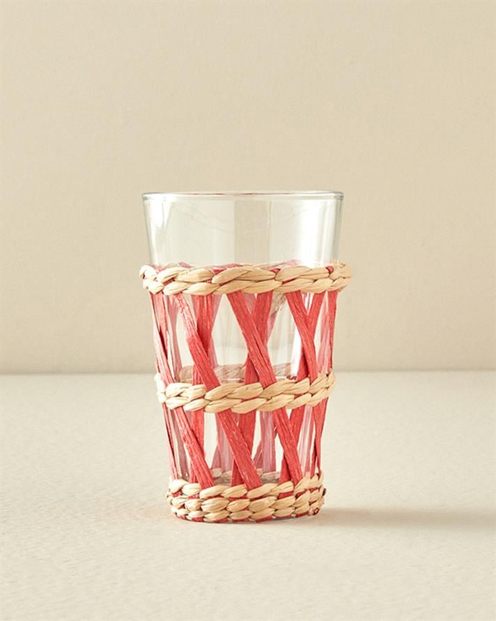 Stripe Wicker Cam Hasırlı Meşrubat 320 Ml Bardağı Turuncu
