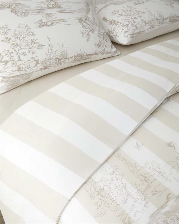 Striped Jouy Pamuklu Çift Kişilik Çarşaflı Nevresim Takımı 200x220 cm Krem - Kahve
