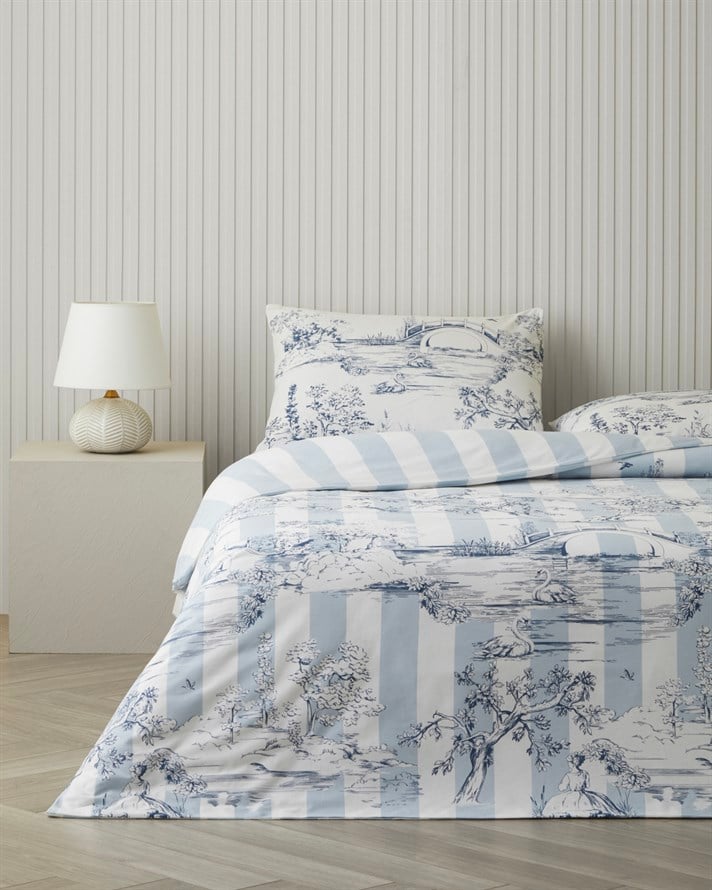 Striped Jouy Pamuklu Çarşaflı Çift Kişilik Nevresim Takımı 200x220 cm Mavi