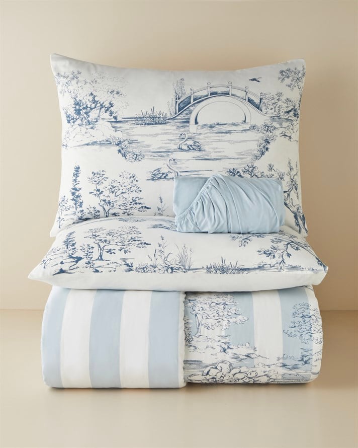 Striped Jouy Pamuklu Çarşaflı Çift Kişilik Nevresim Takımı 200x220 cm Mavi