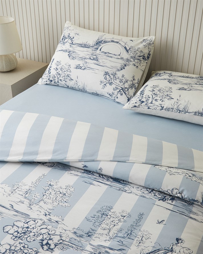 Striped Jouy Pamuklu Çarşaflı Tek Kişilik Nevresim Takımı 160x220 cm Mavi