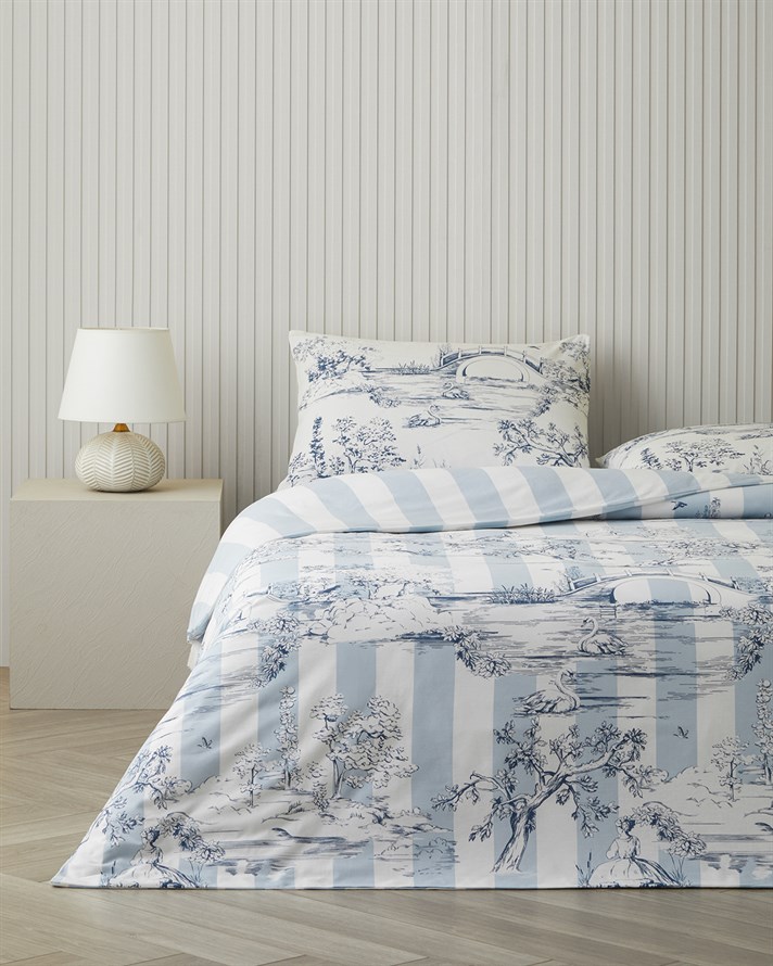 Striped Jouy Pamuklu Çarşaflı Tek Kişilik Nevresim Takımı 160x220 cm Mavi