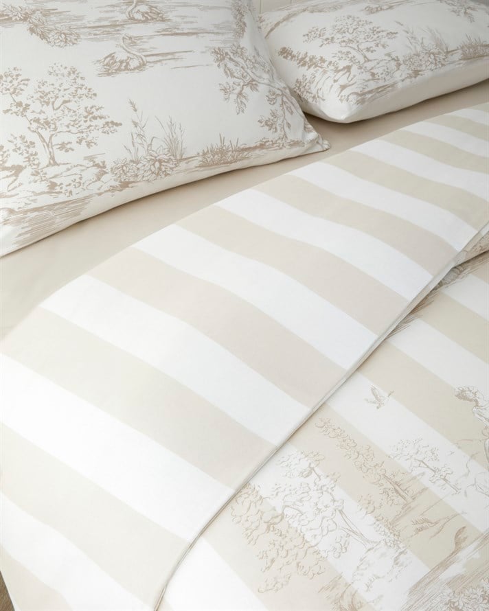 Striped Jouy Pamuklu Tek Kişilik Çarşaflı Nevresim Takımı 160x220 cm Krem - Kahve