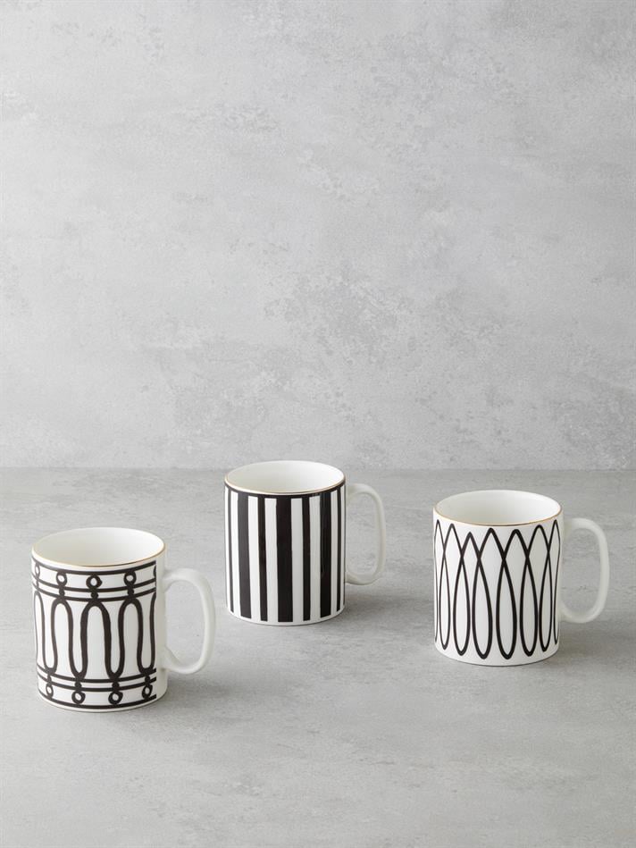Stripy White Bone Porselen Kupa 290 ml Siyah-Beyaz-Gold