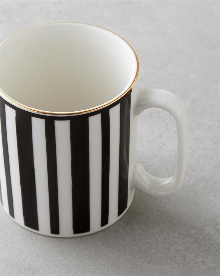 Stripy White Bone Porselen Kupa 290 ml Siyah-Beyaz-Gold