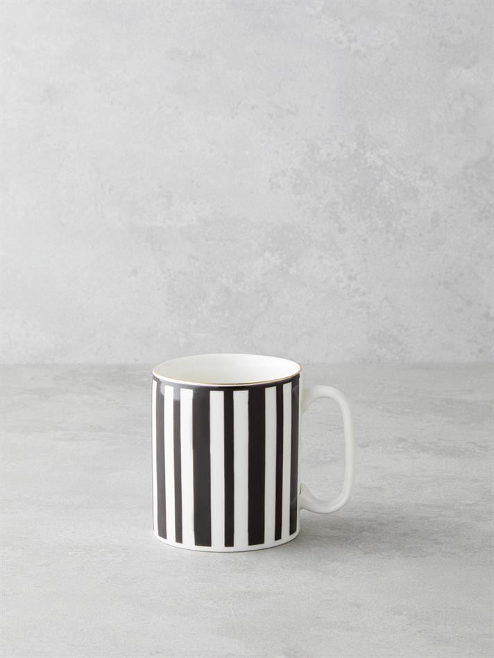 Stripy White Bone Porselen Kupa 290 ml Siyah-Beyaz-Gold