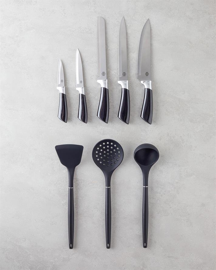 Strong Cut Silikon, Paslanmaz Çelik 9 Parça Servis Gereci Bıçak Seti 19x11x22 cm Siyah