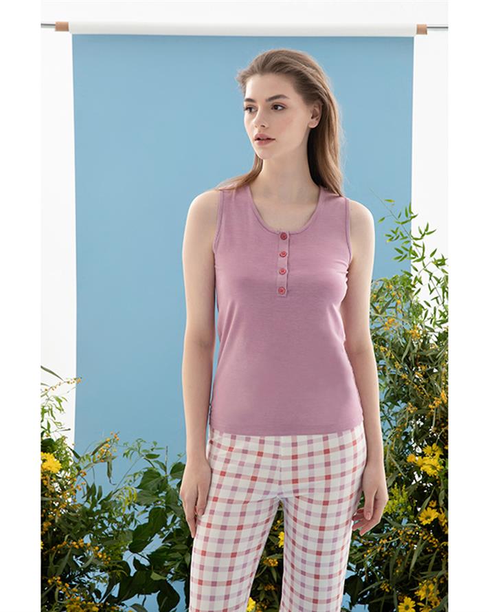 Summer Check Viskon Kadın Pijama Takımı Lila