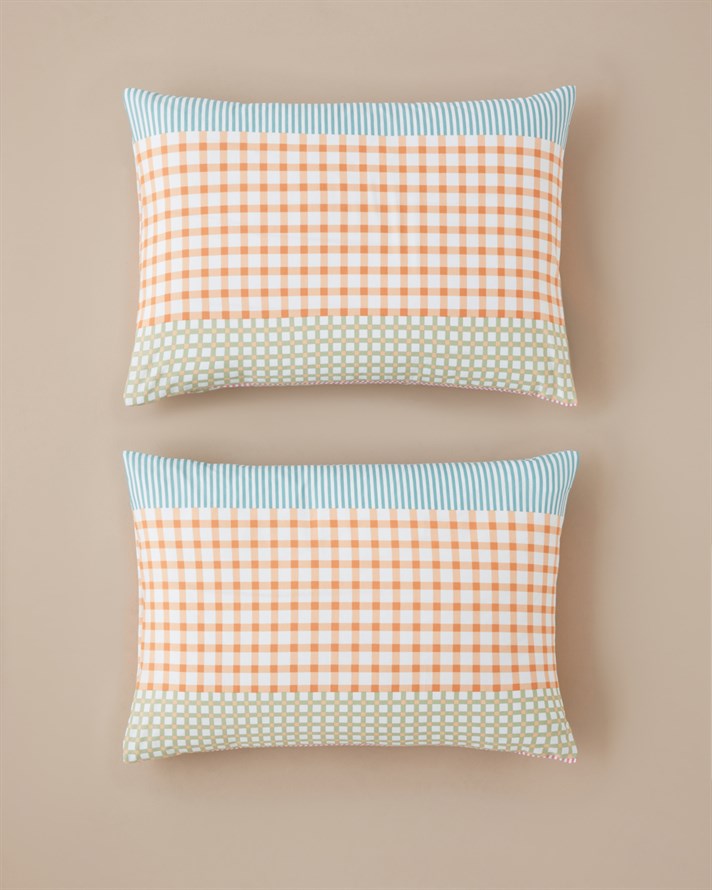 Summer Grid Kolay Ütülenir 2li Yastık Kılıfı 50x70 cm Turuncu