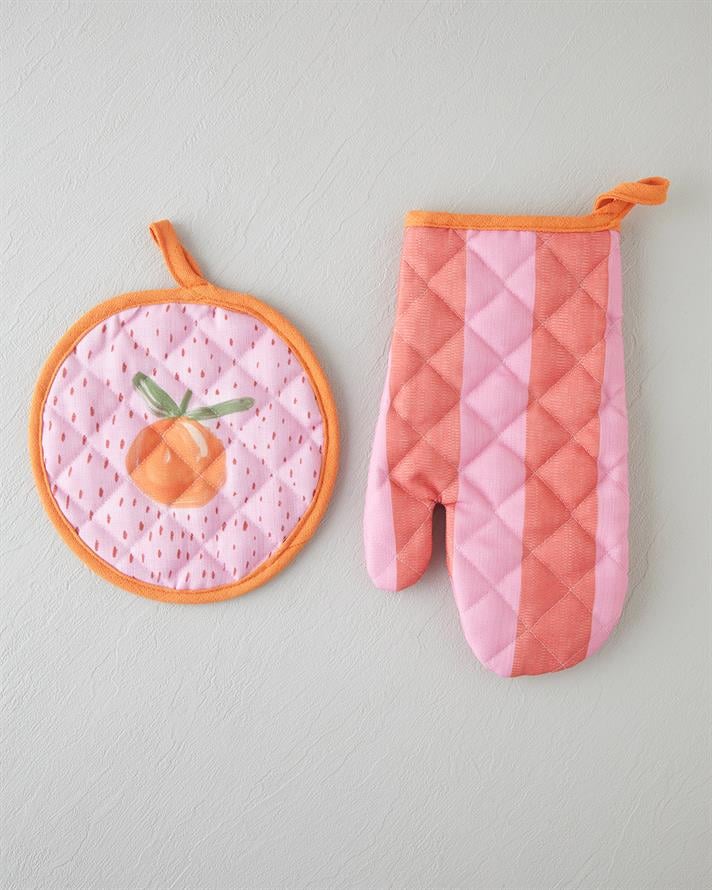 Summer Orange 2li Fırın Eldiveni ve Tutacak Seti 17x30 Cm + 20x20 Cm Kırmızı-Pembe