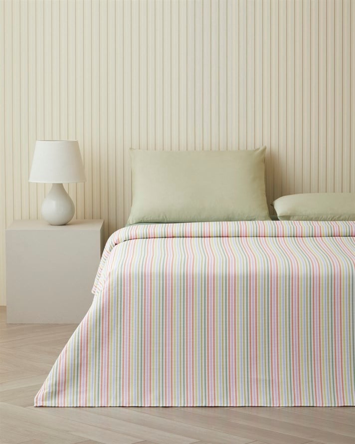 Summer Stripe Çift Kişilik Pike Takımı 200x220 cm Yeşil-Turuncu