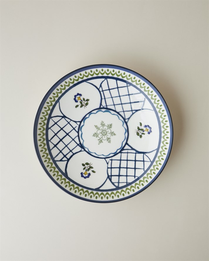 Talavera Garden Porselen Pasta Tabağı 21 cm Beyaz - Lacivert