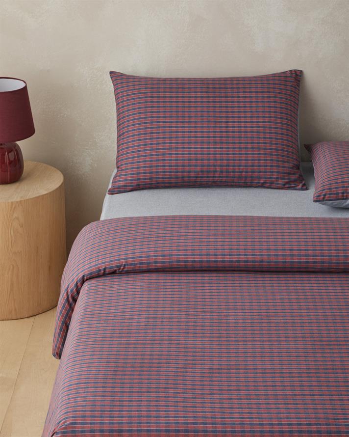 Tile Check İpliği Boyalı Çift Kişilik Nevresim Takımı 200x220 cm Lacivert-Kırmızı