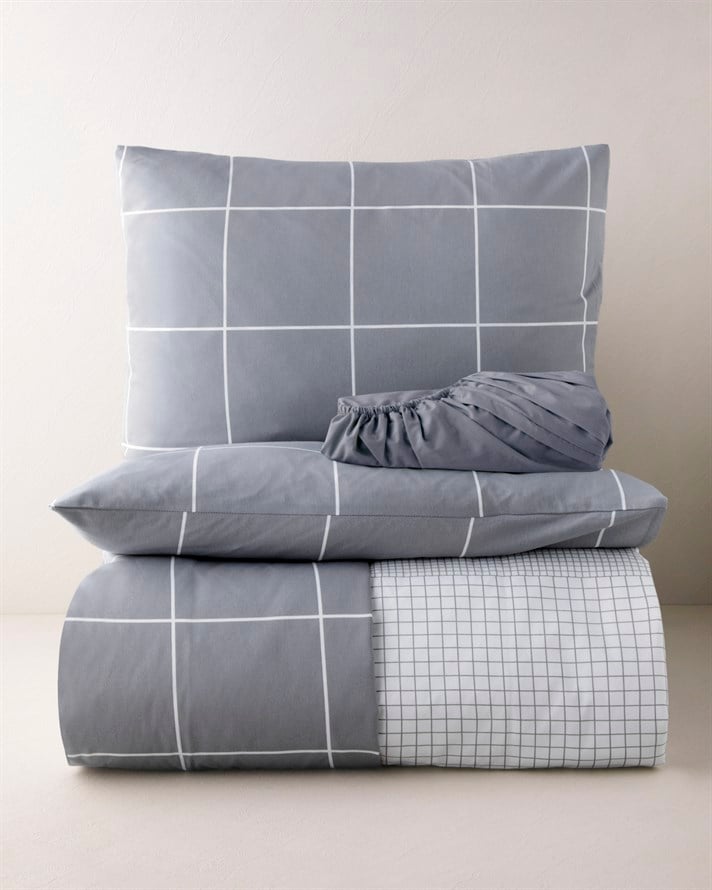 Timeless Grid Kolay Ütülenir Çarşaflı Çift Kişilik Nevresim Takımı 200x220 cm Gri