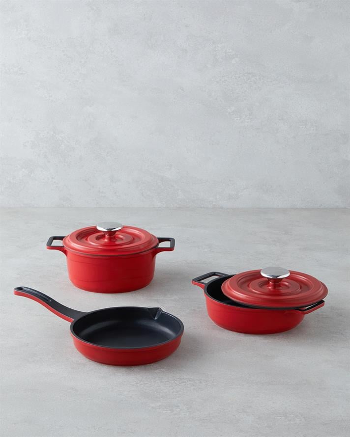Tiny Taste Alüminyum Döküm Mini Tencere Seti 14x14x14 cm Kırmızı-Siyah