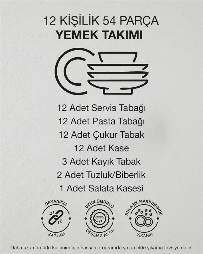 Torino Porselen Yemek Takımı 54 Parça 12 Kişilik Gold