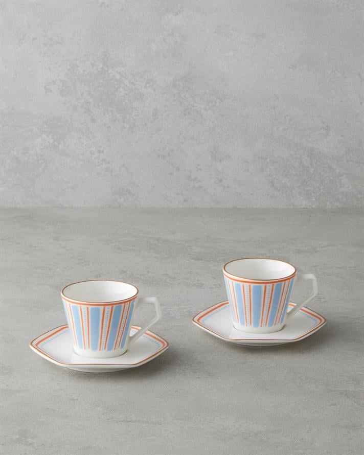 Traces Bone Porselen 4 Parça 2 Kişilik Kahve Fincan Takımı 80 ml Mavi-Turuncu