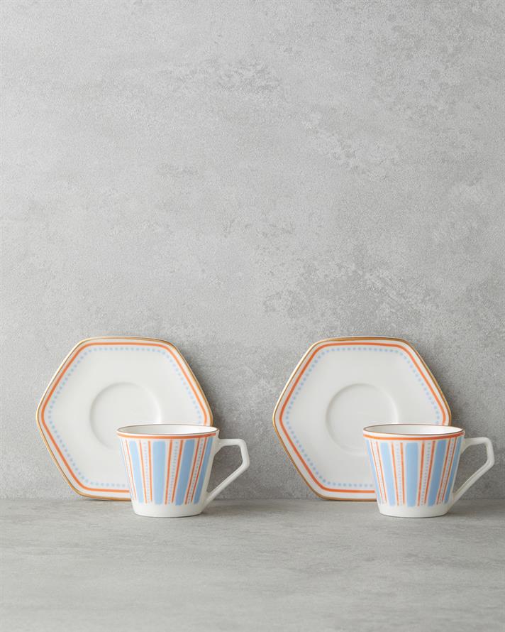 Traces Bone Porselen 4 Parça 2 Kişilik Kahve Fincan Takımı 80 ml Mavi-Turuncu