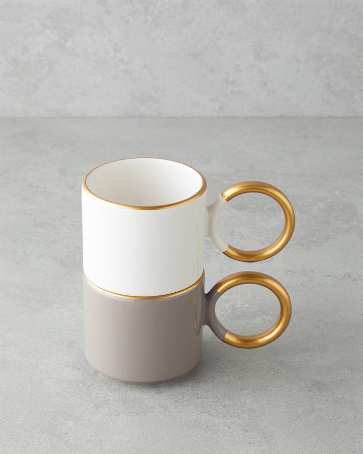 Twin Goldy Seramik 2li Kupa 184 ml Vizon-Beyaz-Gold