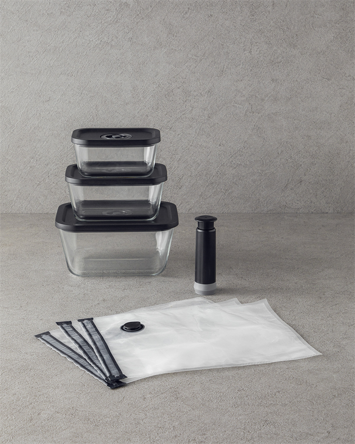 Vacuum Pro Lock 7 Parça Vakum Cihazlı Cam Saklama Kabı Siyah