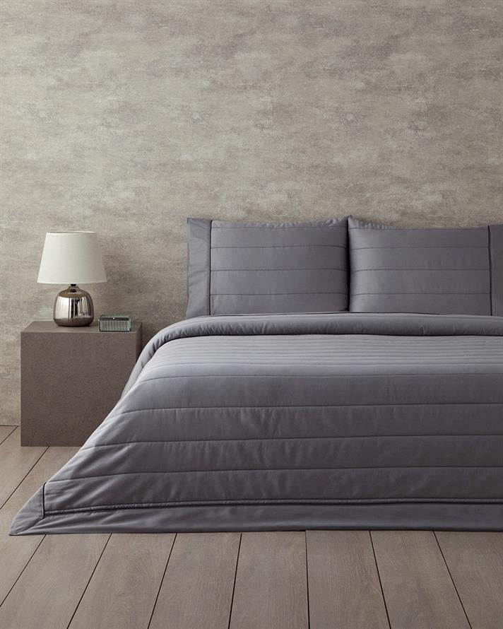 Valery Pamuk Saten Kapitoneli Çift Kişilik Yatak Örtüsü Takımı 220x240 cm Koyu Gri