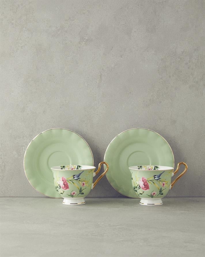 Vanilla New Bone China Çay Fincanı Takımı 4 Parça 2 Kişilik Açık Yeşil